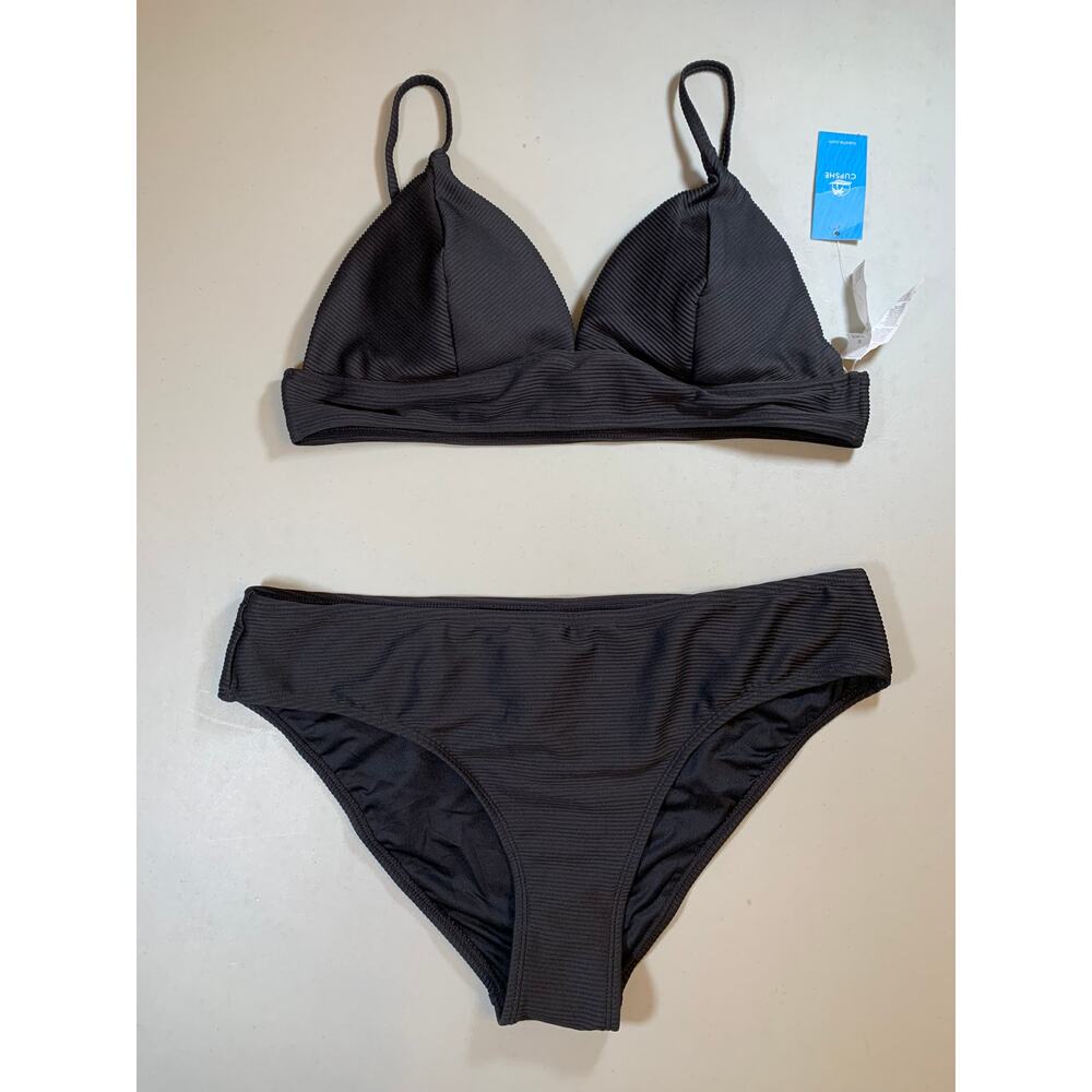 NWT Cupshe Black Ribbed Bralette Low Rise Bottom Bikini Set Size XL